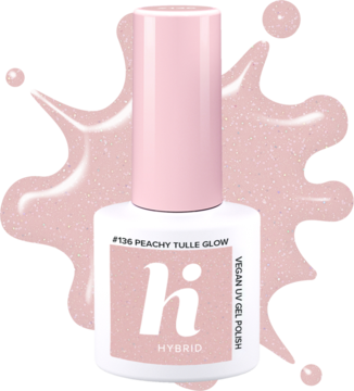 Biała butelka lakieru hybrydowego hi #136 Peachy Tulle Glow z różową nakrętką, brzoskwiniowy nude z brokatem.