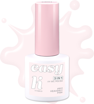 Lakier hybrydowy hi hybrid easy 3w1 w kolorze #601 Heavenly Pink, rozbielony róż. Biała butelka, różowa nakrętka, przód.