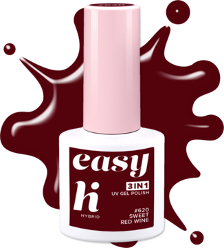 Biała butelka lakieru hybrydowego Easy Hi 3w1 #620 Sweet Red Wine z różową nakrętką, na tle czerwonych smug.