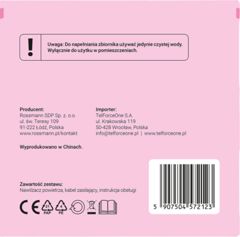 Tył różowego opakowania nawilżacza powietrza Rossmann, z ostrzeżeniami, danymi producenta i kodem.