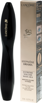 Lancôme Hypnôse Drama, czarny tusz ekstremalnie pogrubiający i jego złote opakowanie z logo, widok z przodu.