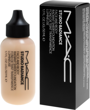 MAC Studio Radiance Ultralekki podkład w beżowej butelce z kroplomierzem i czarnym pudełku, widok z przodu.