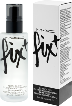 MAC Fix+ bezalkoholowy spray utrwalający makijaż w matowej butelce z czarnym atomizerem obok białego kartonika.