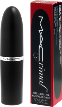 Matowa pomadka MAC Ximal Silky Matte Russian Red w czarnej tubce obok pudełka z logo, widok z przodu.