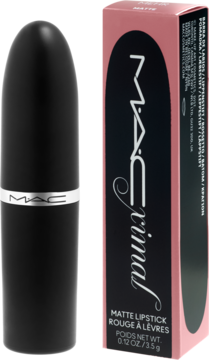 Czarna pomadka MAC Ximal Silky Matte ze srebrnym paskiem i różowo-czarny kartonik z logo, widok z boku.