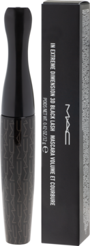 Tusz MAC In Extreme Dimension 3D Black Lash. Czarne opakowanie i tubka z tekstem, widok z przodu.