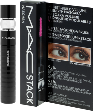 MAC Stack tusz do rzęs: czarna tubka Micro Brush i otwarte pudełko z reklamami objętości i długości.