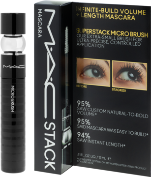 MAC Stack mascara: czarna tubka Micro Brush i pudełko z opisem "VOLUME + LENGTH", ilustrujące efekt na rzęsach.