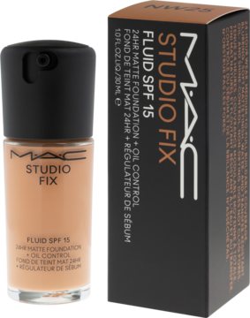 MAC Studio Fix Fluid SPF 15, matujący podkład do twarzy w szklanej butelce i czarnym pudełku, widok z przodu.