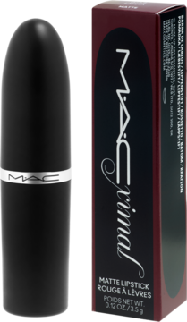 Czarna matowa pomadka MAC Ximal Diva obok eleganckiego pudełka z logo, widok z przodu.