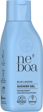 Błękitny żel pod prysznic Neboa Blue Lagoon w butelce, widok z przodu, z logo 96% naturalny i wegański.