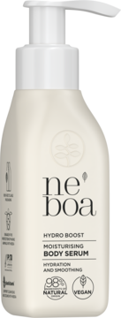 Kremowa butelka Neboa Hydro Boost Moisturising Body Serum z białą pompką, widoczny przód etykiety z napisem 98% Natural i Vegan.