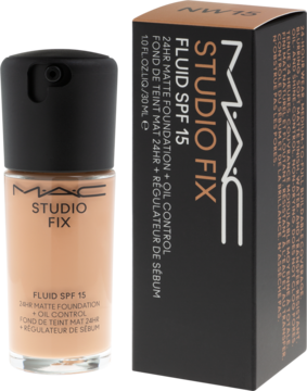 Matujący podkład MAC Studio Fix Fluid SPF 15 w beżowej butelce z pompką i brązowym opakowaniem kartonowym.