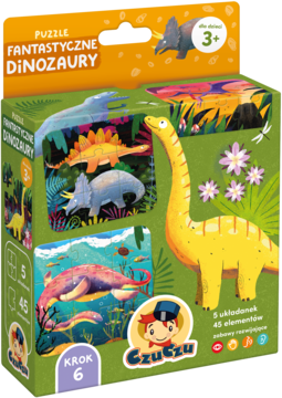 Puzzle CzuCzu Fantastyczne Dinozaury, wiek 3+. Kolorowe ilustracje prehistorycznych gadów na pudełku, widok z przodu.