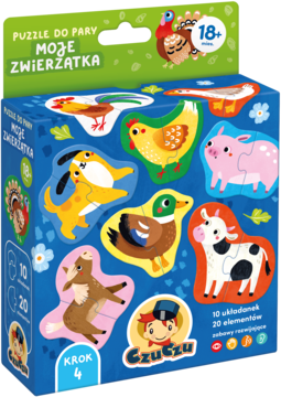 Puzzle CzuCzu Moje Zwierzątka 18m+, kolorowe pudełko z ilustracjami farmy: psa, krowy, kaczki. Widok przód.