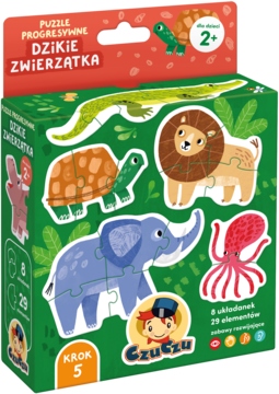 Zielone pudełko puzzli progresywnych Czuczu Dzikie Zwierzątka 2+. Widoczne zwierzęta: lew, słoń, żółw.