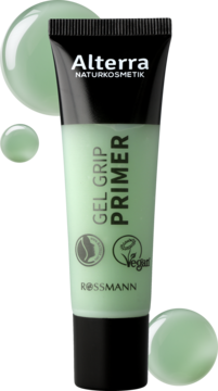 Alterra Gel Grip Primer, nawilżający podkład, jasnozielona tubka z czarną nakrętką na tle kropel.