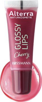 Alterra Glossy Lips Cherry, wiśniowy błyszczyk w różowej tubce, widok z przodu, na lśniącej kropli produktu.