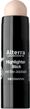 Alterra Highlighter Stick z Bio-Jojobaöl, czarny sztyft z kremowym beżowym rozświetlaczem, widok z przodu.