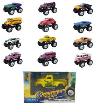 Kolekcja Welly Monster Truck Big Wheel Series: 11 cm modele aut z dużymi kołami, w tym jeden w pudełku.