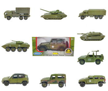 Kolekcja metalowo-plastikowych modeli wojskowych Welly Armor Squad, zielone pojazdy, w tym jeep w pudełku.