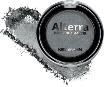 Alterra cień do powiek Granite Glow, srebrny, mieniący się, z logo Rossmann, rozsypany puder obok opakowania.