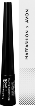 Supertrwały czarny liner do brwi Avon Power Stay Soft Black, pionowo z fragmentem opakowania.