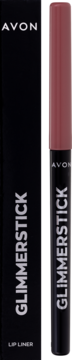 Avon Glimmerstick Lip Liner Pink Cashmere w czarnym opakowaniu i eleganckiej tubce obok pudełka.