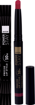 Avon Power Stay Precise Lip Stylo Prima Pink 10H, otwarta, z matowym różowym sztyftem i czarną nakrętką.