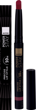 Precyzyjna szminka Avon Power Stay Main Character Mauve, otwarta, z mauvowym wkładem, obok pudełka.