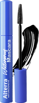 Alterra Waterproof Mascara w niebieskiej tubie, z wyjętą szczoteczką i widocznym czarnym tuszem.