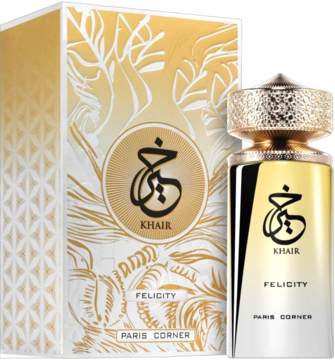Paris Corner Khair Felicity EDP, złoto-biała butelka i pudełko z arabską kaligrafią, widok z przodu pod kątem.