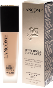 Trwały podkład Lancôme Teint Idole Ultra Wear 220C w szklanej butelce i złotym kartoniku, z przodu.