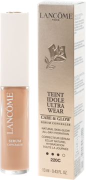Lancôme Teint Idole Ultra Wear Care & Glow Serum Concealer 220C, beżowy korektor w butelce i złotej.