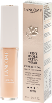 Korektor serum Lancôme Teint Idole Ultra Wear 120N w beżowej butelce, biała zakrętka, obok złote pudełko, widok z przodu.