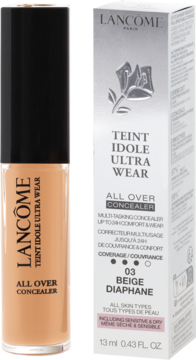Lancôme Teint Idole Ultra Wear 03 Beige Diaphane, korektor w butelce i białym kartonowym opakowaniu, przód.