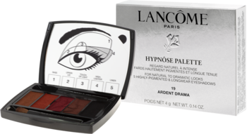Lancôme Hypnôse Palette 10 Argent Drama z 5 cieniami brązu, otwarta z instrukcją makijażu, obok białe pudełko.