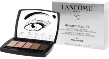 Lancôme Hypnôse Palette 5 cieni French Nude, otwarta z instrukcją na wieczku, obok pudełko produktu.