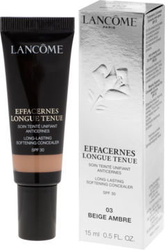 Długotrwały korektor Lancôme Effacernes Longue Tenue SPF30 03 Beige Ambre, tubka i pudełko z przodu.