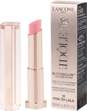 Otwarta różowa pomadka Lancôme Idôle Lip Butterglow, odcień 10 Pink Oh Lala, obok złotego opakowania.