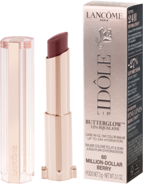 Lancôme Idôle Butterglow, nawilżająca pomadka Million-Dollar Berry, otwarta, obok różowo-złotego pudełka z nazwą.