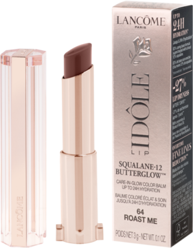 Otwarta nawilżająca pomadka Lancôme Idôle Butterglow Roast Me w rose gold tubce obok dopasowanego pudełka.
