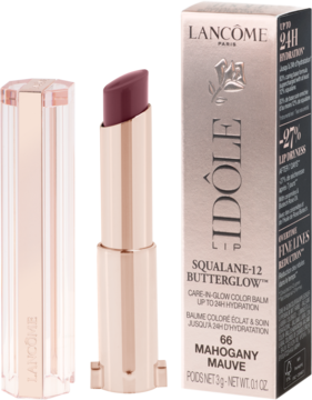 Otwarta pomadka Lancôme Idôle Squalane-12 Butterglow w odcieniu Mahogany Mauve i jej różowe opakowanie.