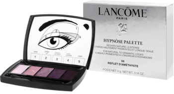 Lancôme Hypnôse Palette: otwarta, 5 fioletowo-różowych cieni, schemat makijażu oka na wieczku, obok srebrne pudełko.