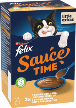 FELIX Sauce Time o smaku kurczaka i indyka, niebiesko-pomarańczowe pudełko z uśmiechniętym kotem, widok z przodu.