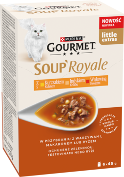 Białe opakowanie GOURMET Soup Royale dla kota z kurczakiem, indykiem, wołowiną, zupą na łyżce, napis NOWOŚĆ, widok z przodu.