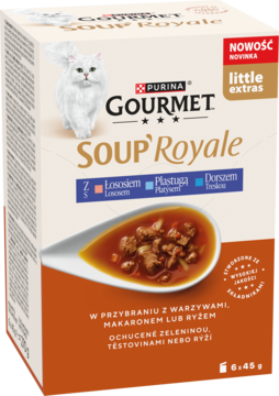GOURMET SOUP ROYALE karma dla kota. Biało-pomarańczowe opakowanie z grafiką zupy z łososiem, dorszem, płastugą.