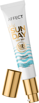 Biała tubka Affect SUN DAY SPF 50+ BB Cream z niebieskimi falami, złota pompka i korek, lekko przechylona.
