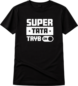 Czarny T-shirt z białym napisem SUPER TATA TRYB ON, widok z przodu na złożonej koszulce.