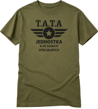 Oliwkowa koszulka T-shirt z czarnym nadrukiem T.A.T.A. JEDNOSTKA DO ZADAŃ SPECJALNYCH, widok przód.